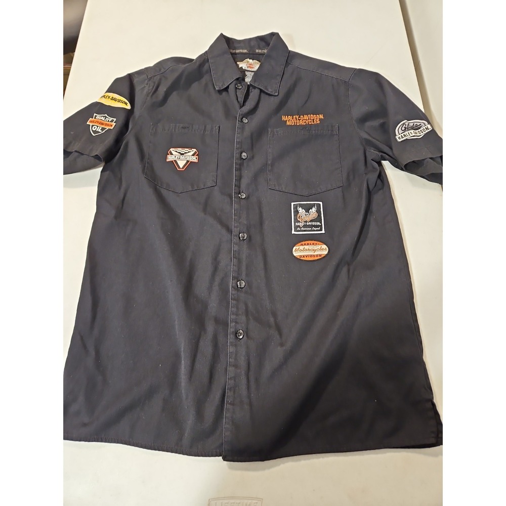 Harley Davidson Shirt Mens Med Button Up Mechanic Black Embroidered Garage (1846